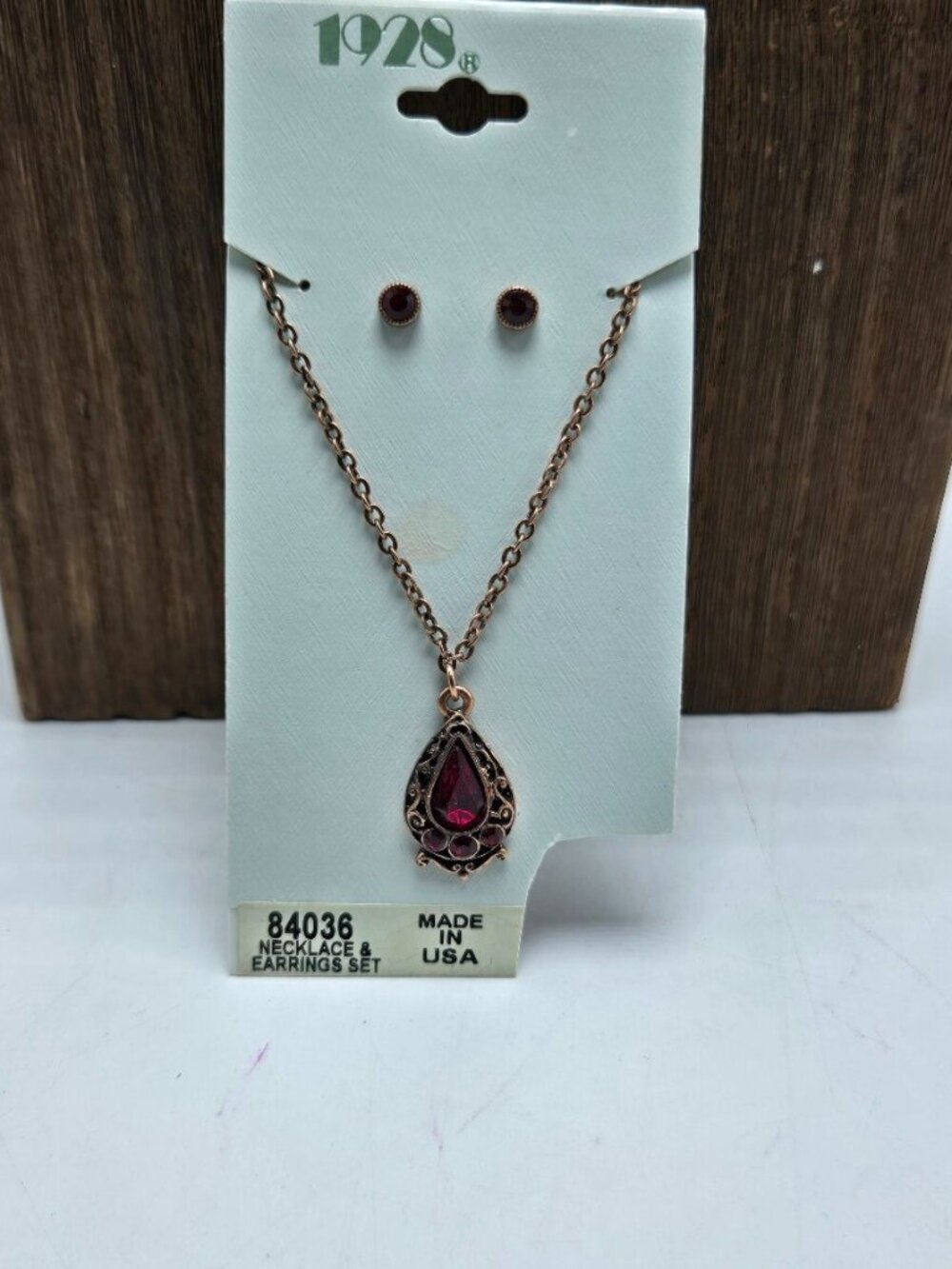 NWT 1928 Red Rhinestone Copper Tone Earrings Necklace Jewelry Set Statement